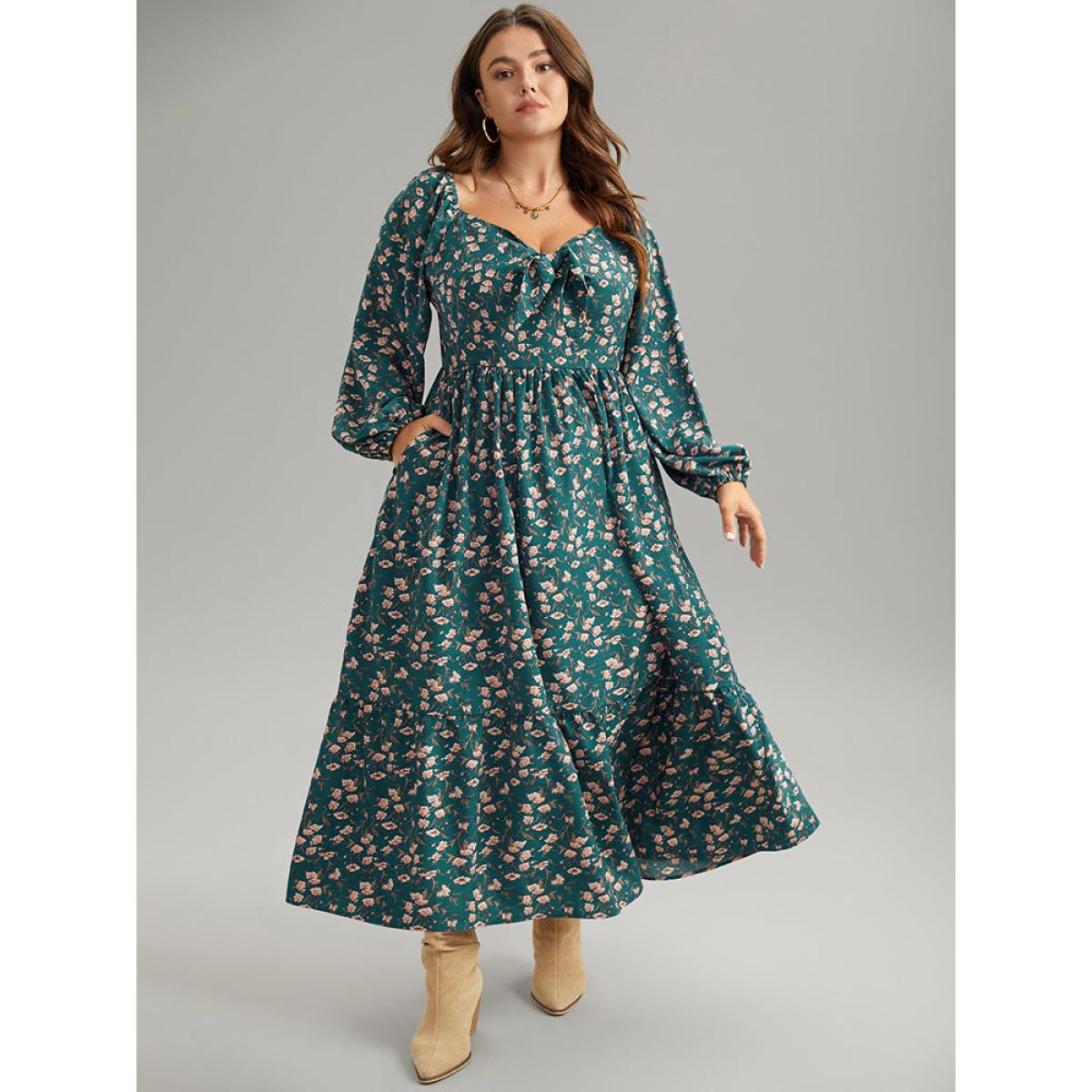 Plus Size Ditsy Floral Square Neck Elastic Waist Ties Dress Teal Women Vacation Elastic cuffs Square Neck Long Sleeve Curvy Midi Dress BloomChic 14-16/1X Product Image