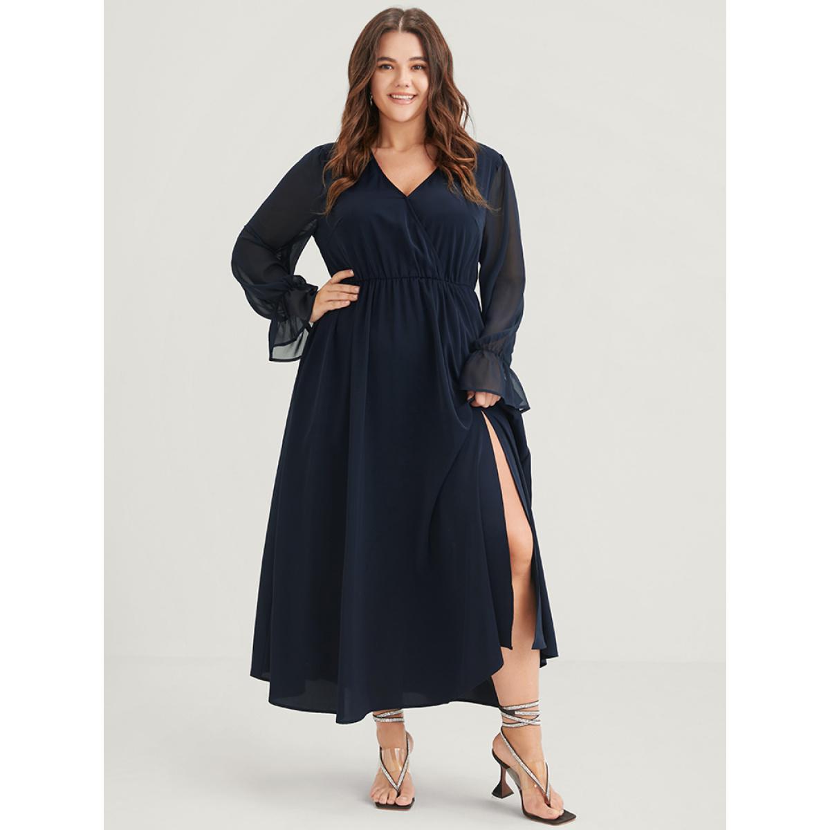Plus Size Solid Button Split Pocket Wrap Lantern Sleeve Ruffles Hem Dress DarkBlue Women Casual Wrap V-neck Long Sleeve Curvy Midi Dress BloomChic 30/6X Product Image