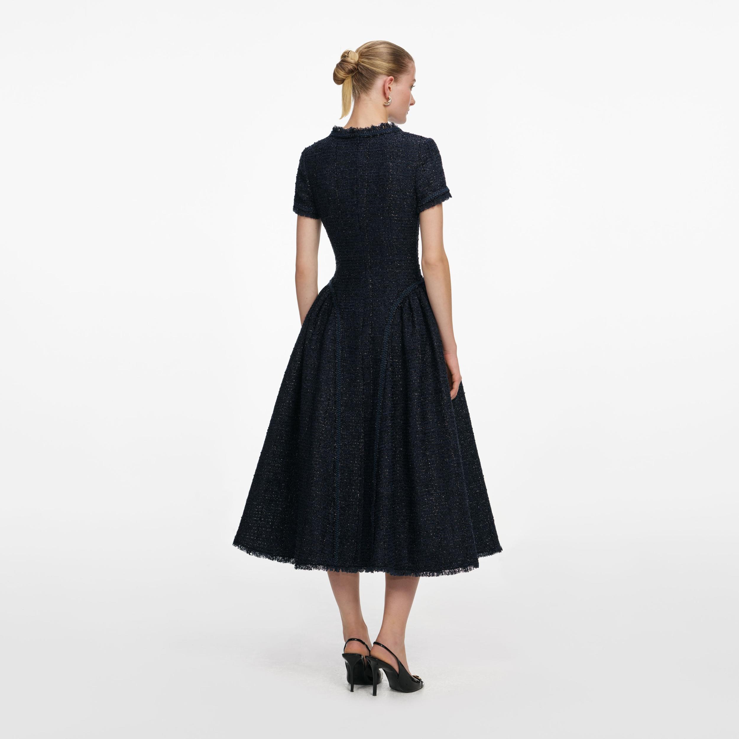 Navy Metallic Boucle Midi Dress Product Image