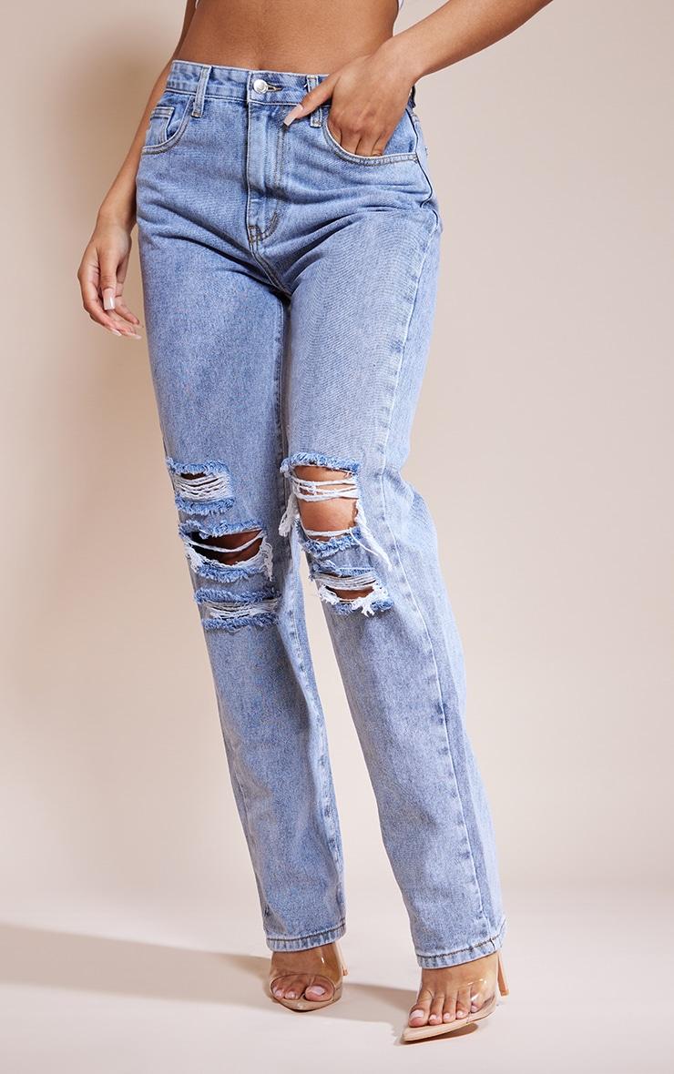 Mid Blue Vintage Wash Ripped Straight Leg Jeans Product Image