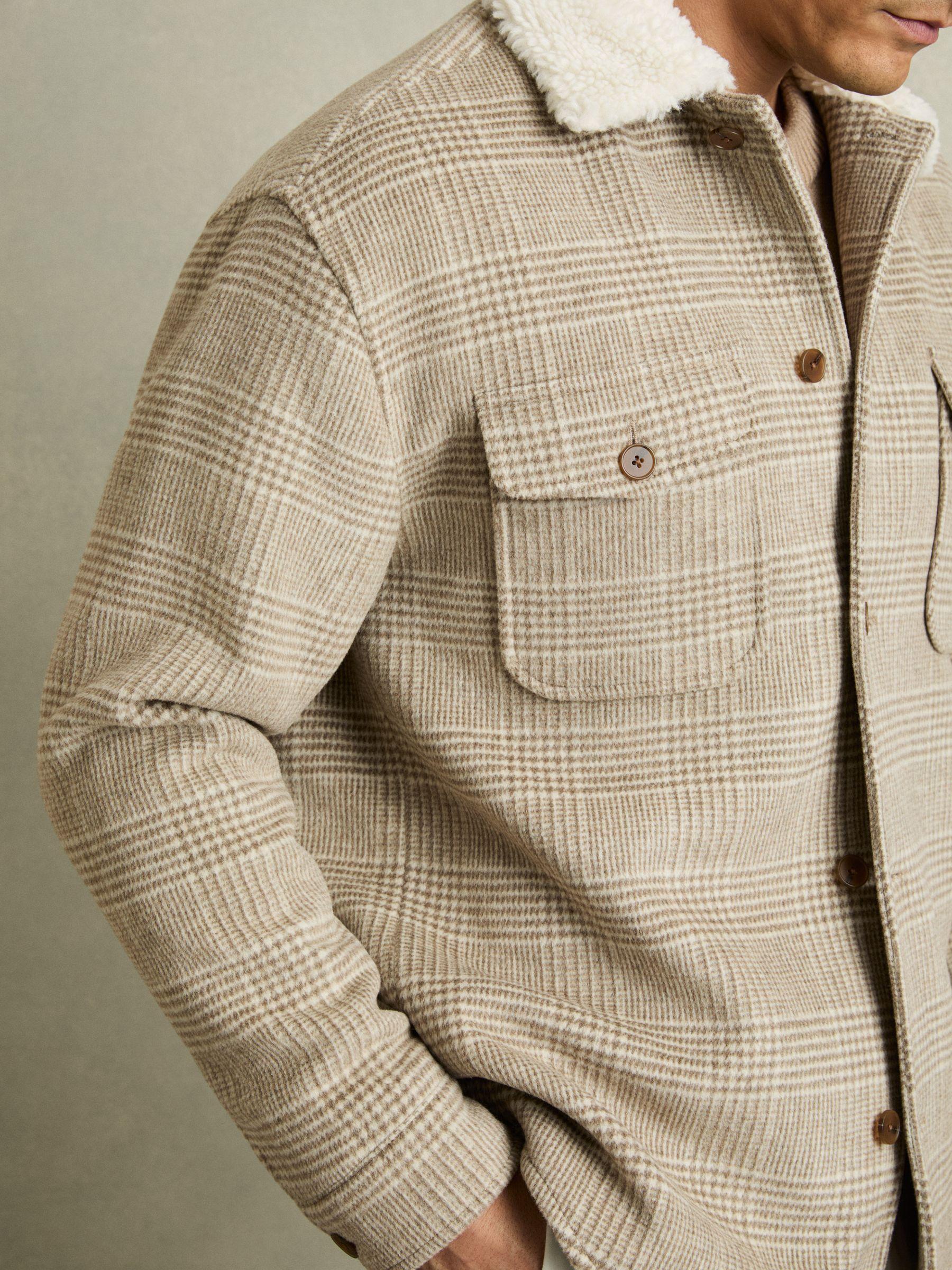 Wool-Blend Borg-Collar Check Overshirt in Oatmeal Product Image