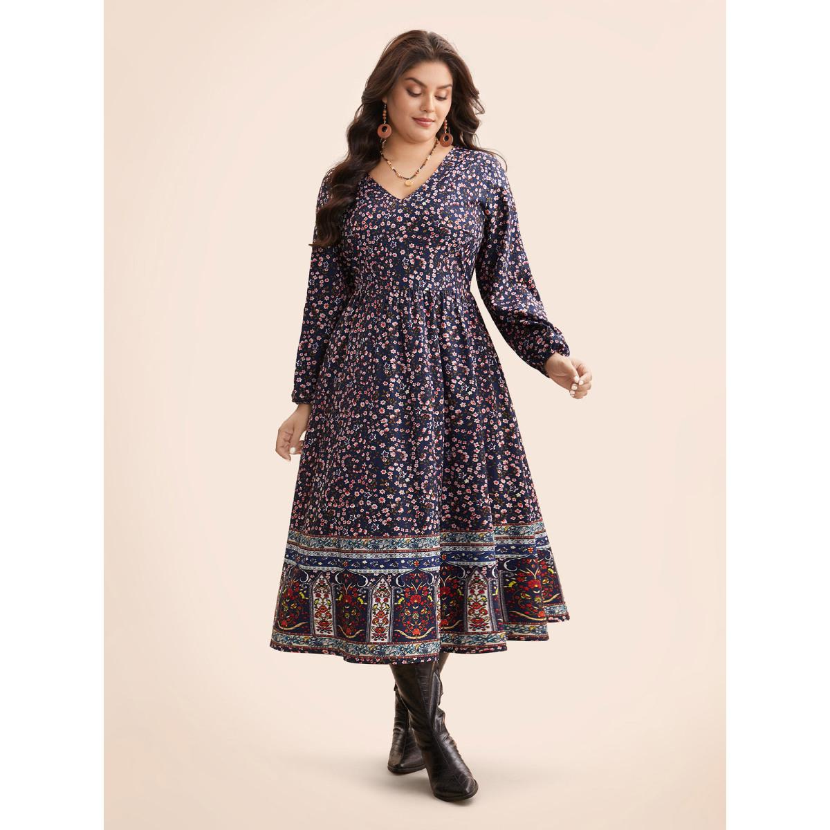Plus Size Boho Print Lantern Sleeve Midi Dress DarkBlue Women Resort Non V-neck Long Sleeve Curvy BloomChic 10/M Product Image