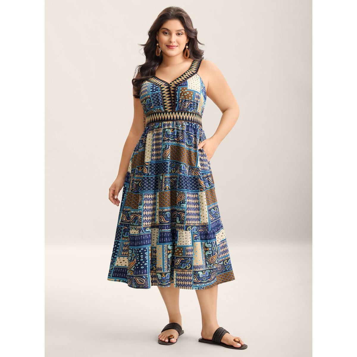 Plus Size Boho Print Webbed Neck Midi Dress Navy Women V-neck Sleeveless Curvy BloomChic 14-16/1X Product Image