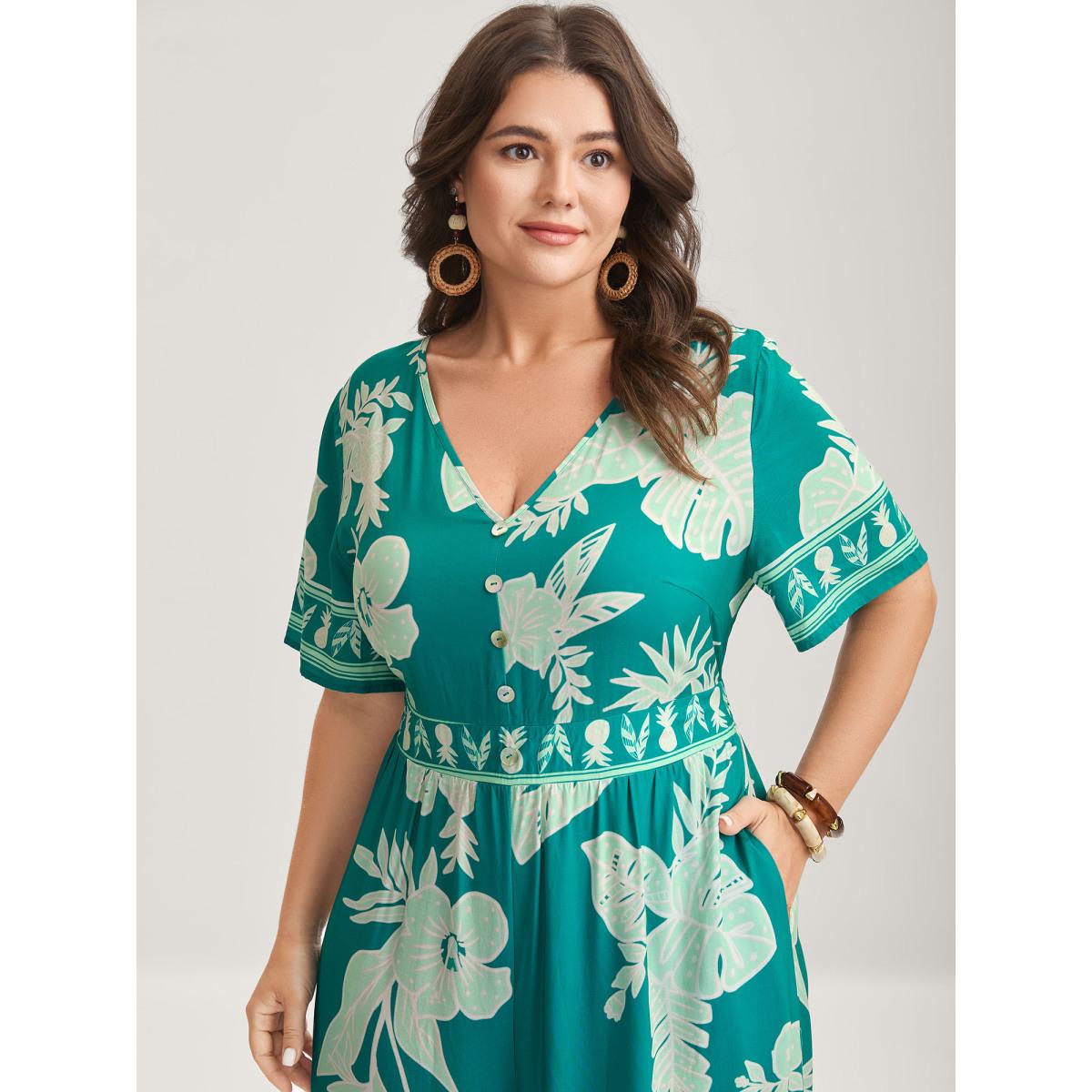 Plus Size LightGreen Rayon Tropical Leaf Button Detail Breezy Jumpsuit Women Resort Short sleeve V-neck Vacation Loose Jumpsuits BloomChic 28/5X Product Image