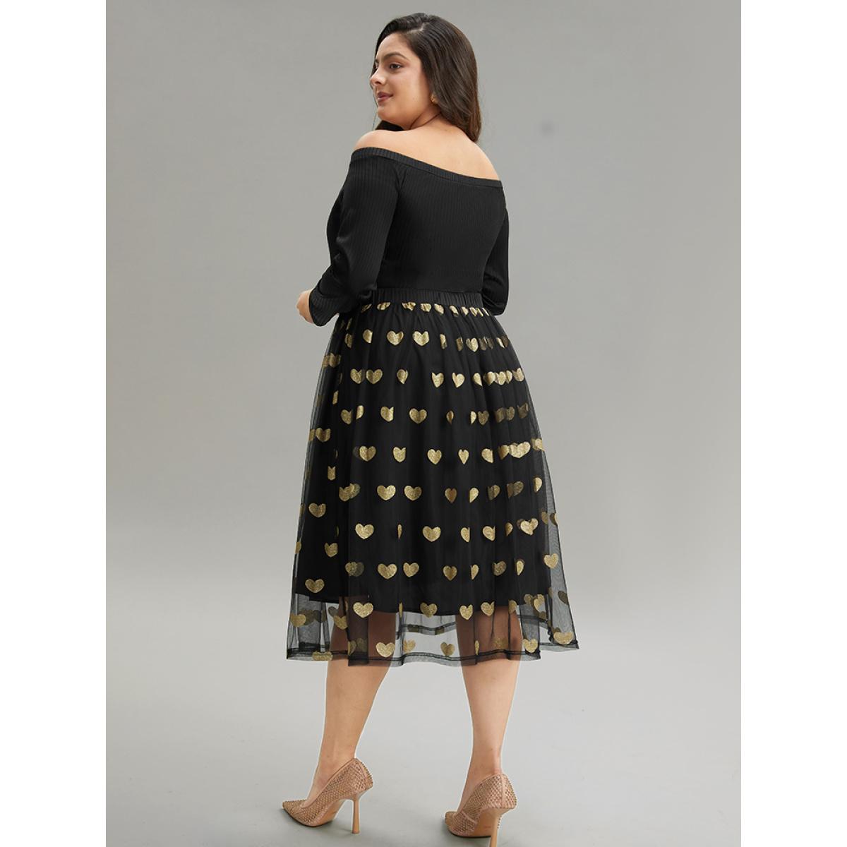 Plus Size Heart Print Rib Knit Button Detail Off Shoulder Dress Black Women Elegant Printed One-shoulder neck Long Sleeve Curvy Midi Dress BloomChic 22-24/3X Product Image