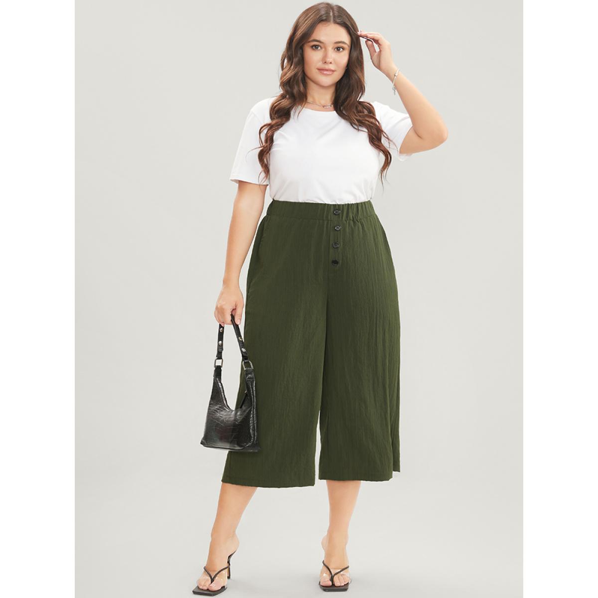 Plus Size Solid Elastic Waist Button Detail Pocket Loose Pants Women ArmyGreen Casual Loose High Rise Office Pants BloomChic 10/M Product Image