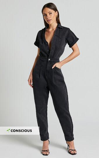 Jordyn Jumpsuit - Short Sleeve Collared Button Through Denim Jumpsuit in Black Wash Product Image