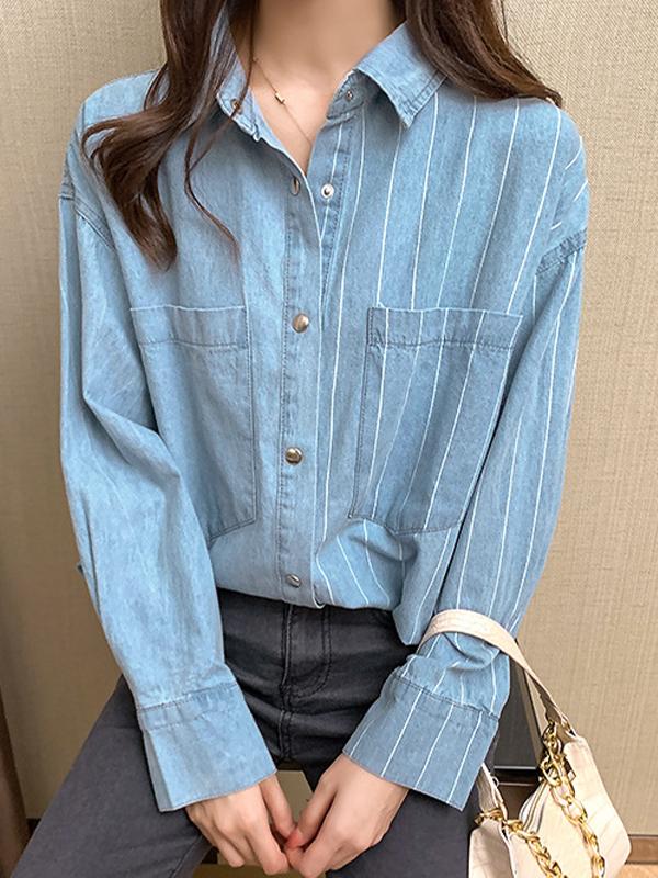 Vintage Striped Splice Denim Blouses&Shirts Product Image