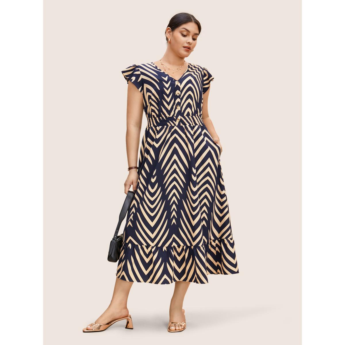 Plus Size Striped Shirred Button Detail Ruffle Cap Sleeve Dress Navy Women At the Office Button V-neck Cap Sleeve Curvy BloomChic 14-16/1X Product Image