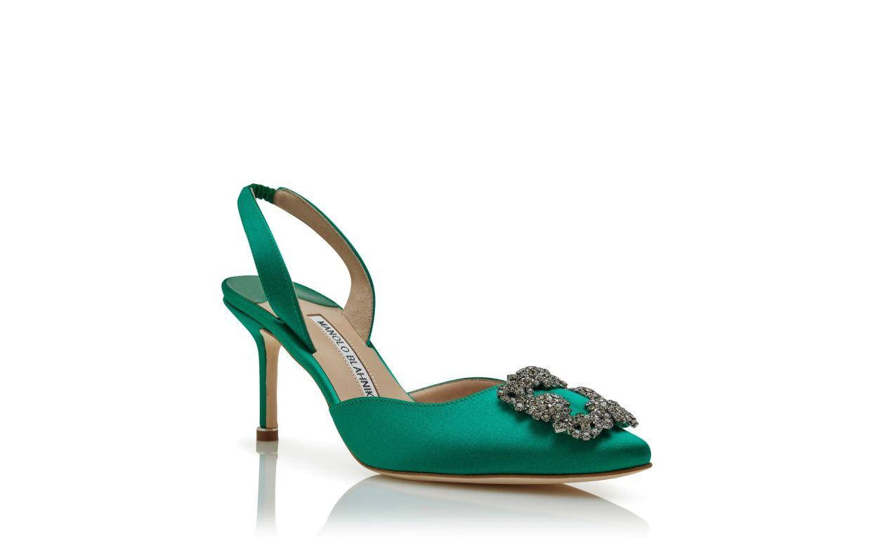 HANGISLI Green Satin Jewel Buckle Slingback Pumps Product Image
