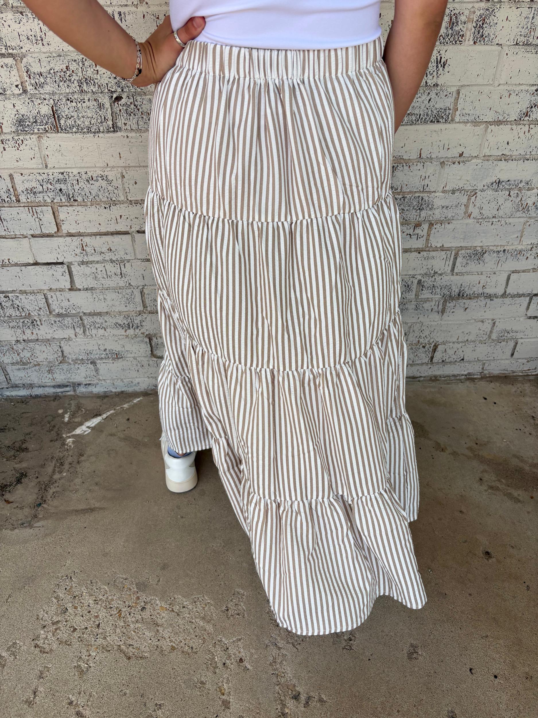 Bow Tie Tiered Taupe Stripe Maxi Skirt* Product Image