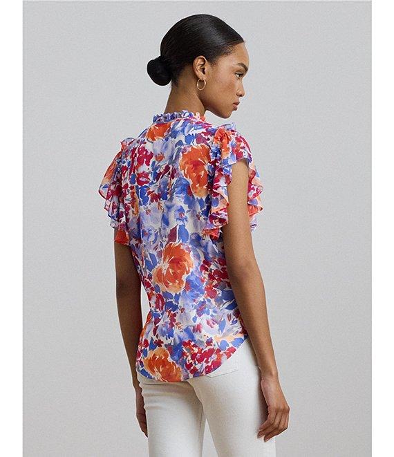 Lauren Ralph Lauren Petite Size Georgette Floral Ruffle Trim V-Neck Flutter Sleeve Blouse Product Image
