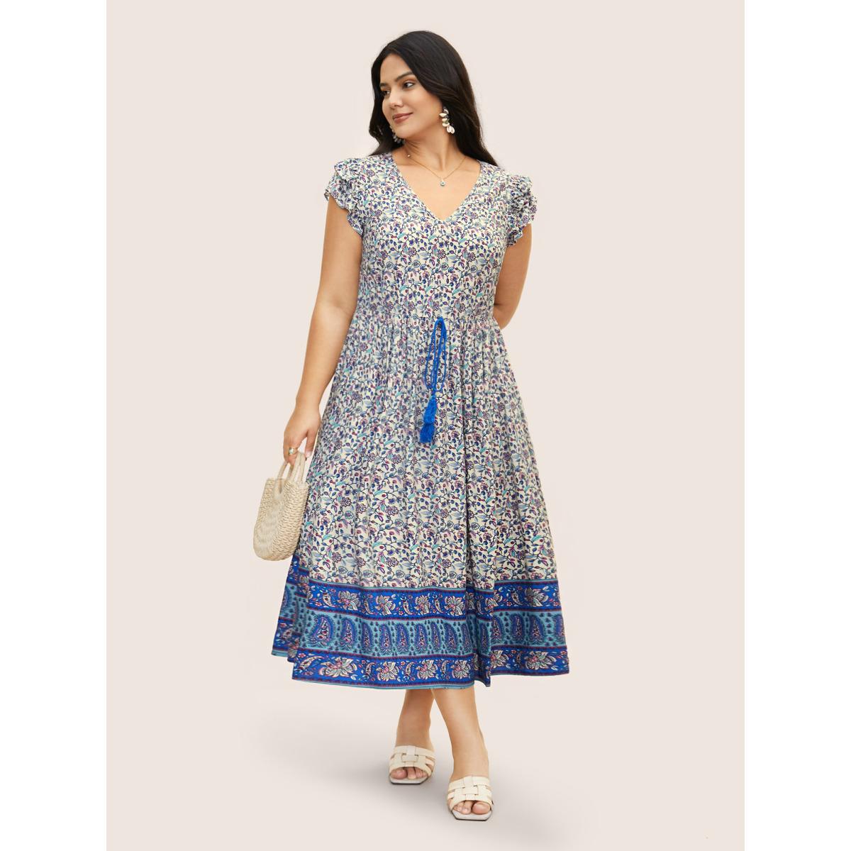Plus Size Paisley Print Tiered Ruffles Pocket Dress Bluepurple Women Resort Cross straps V-neck Cap Sleeve Curvy BloomChic 12/L Product Image