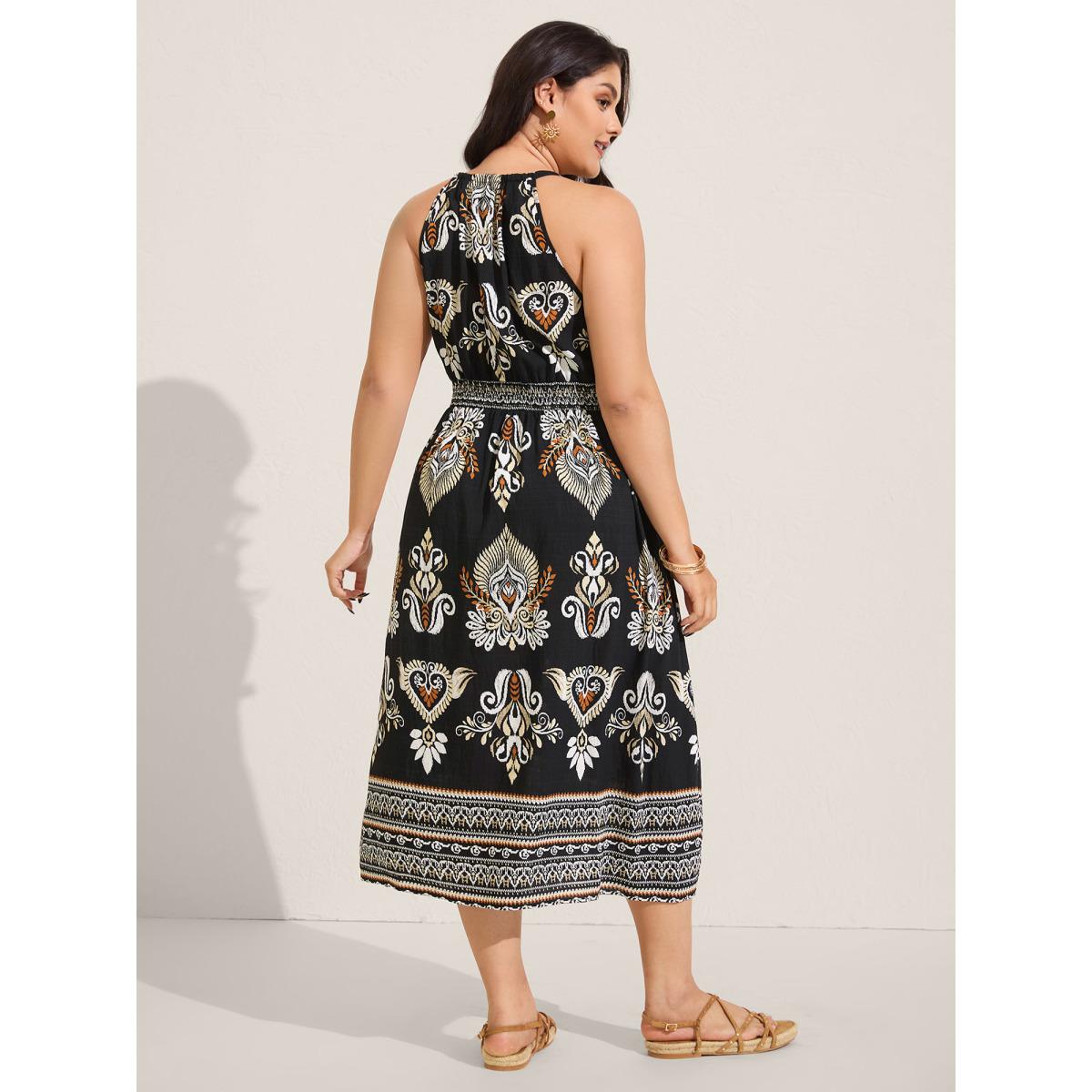 Plus Size Boho Print Pockets Cinched-Waist Midi Dress Black Women V-neck Sleeveless Curvy BloomChic 14-16/1X Product Image