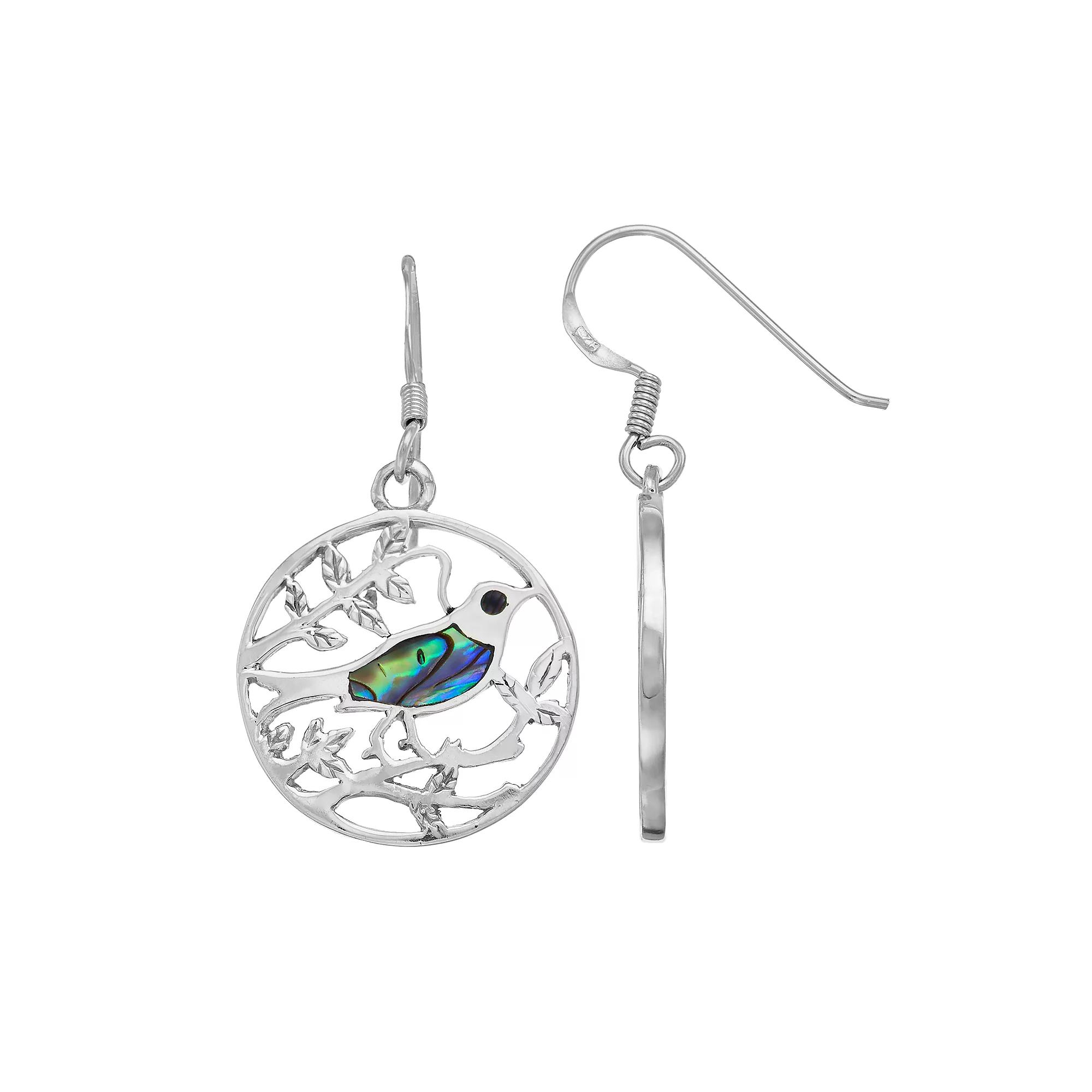 Sterling Silver Abalone Bird Hoop Drop Earrings, Women's Product Image