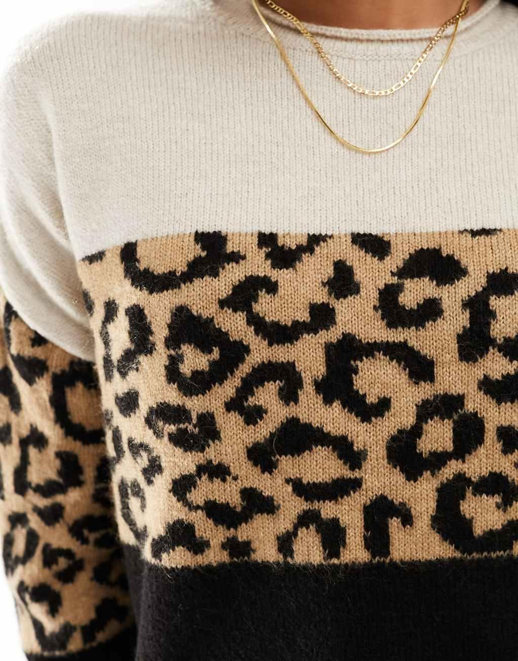 ONLY animal print color block sweater in black & white Product Image