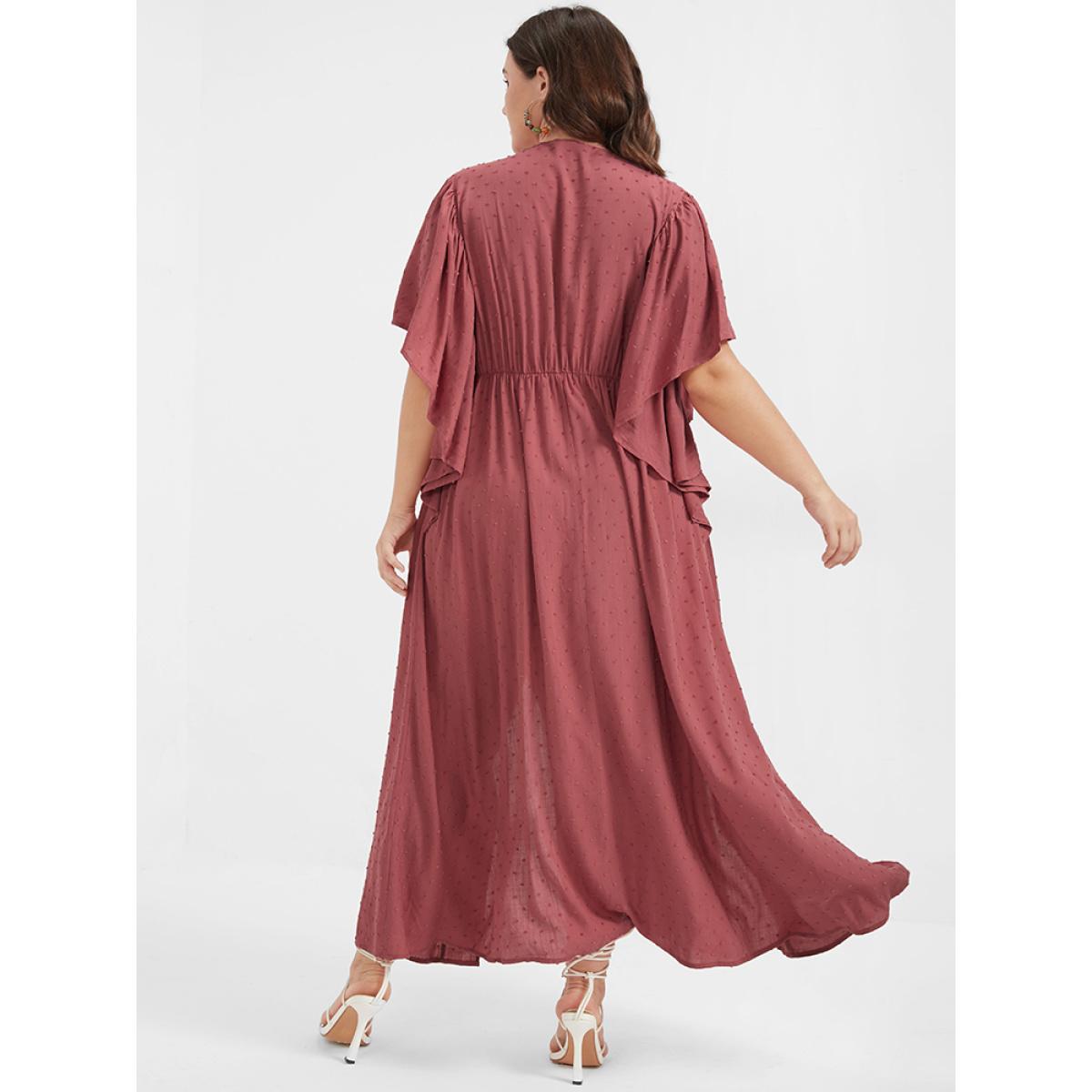 Plus Size Solid V Neck Ruffles Split Embroidered Maxi Dress DustyPink Women Elegant Elastic Waist V-neck Short sleeve Curvy Long Dress BloomChic 18-20/2X Product Image