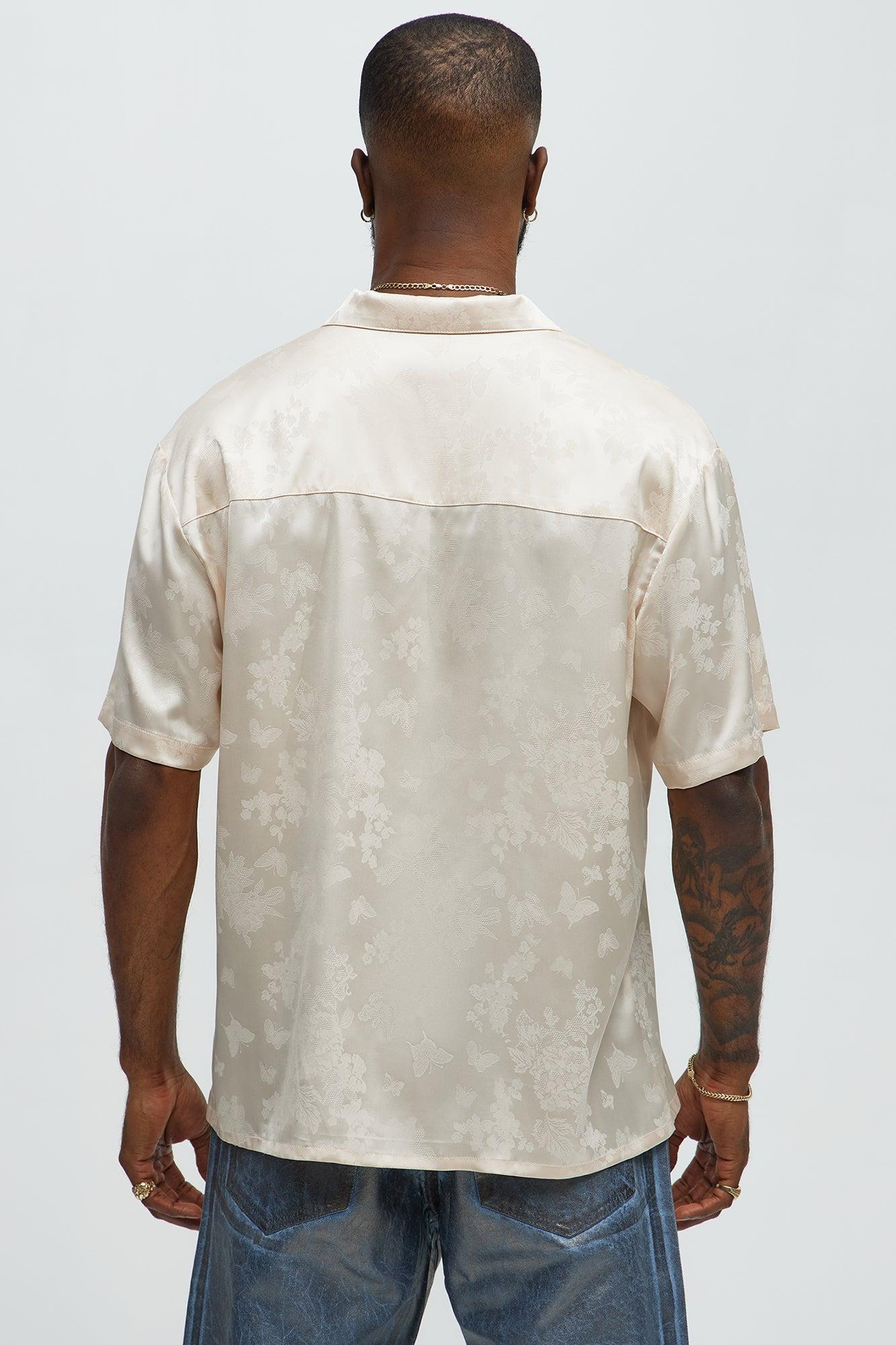 Satin Butterflies Short Sleeve Button Up Shirt - Ivory Male Product Image