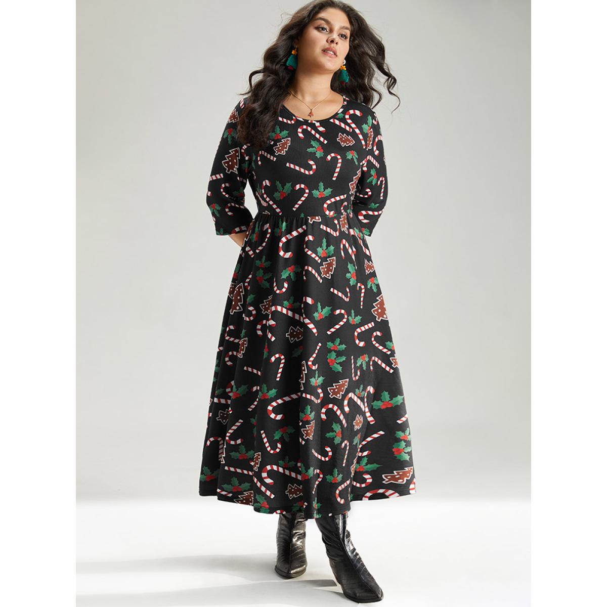 Plus Size Christmas Print Pocket Elastic Waist Dress Black Women Playful Printed Round Neck Long Sleeve Curvy Midi Dress BloomChic 12/L Product Image