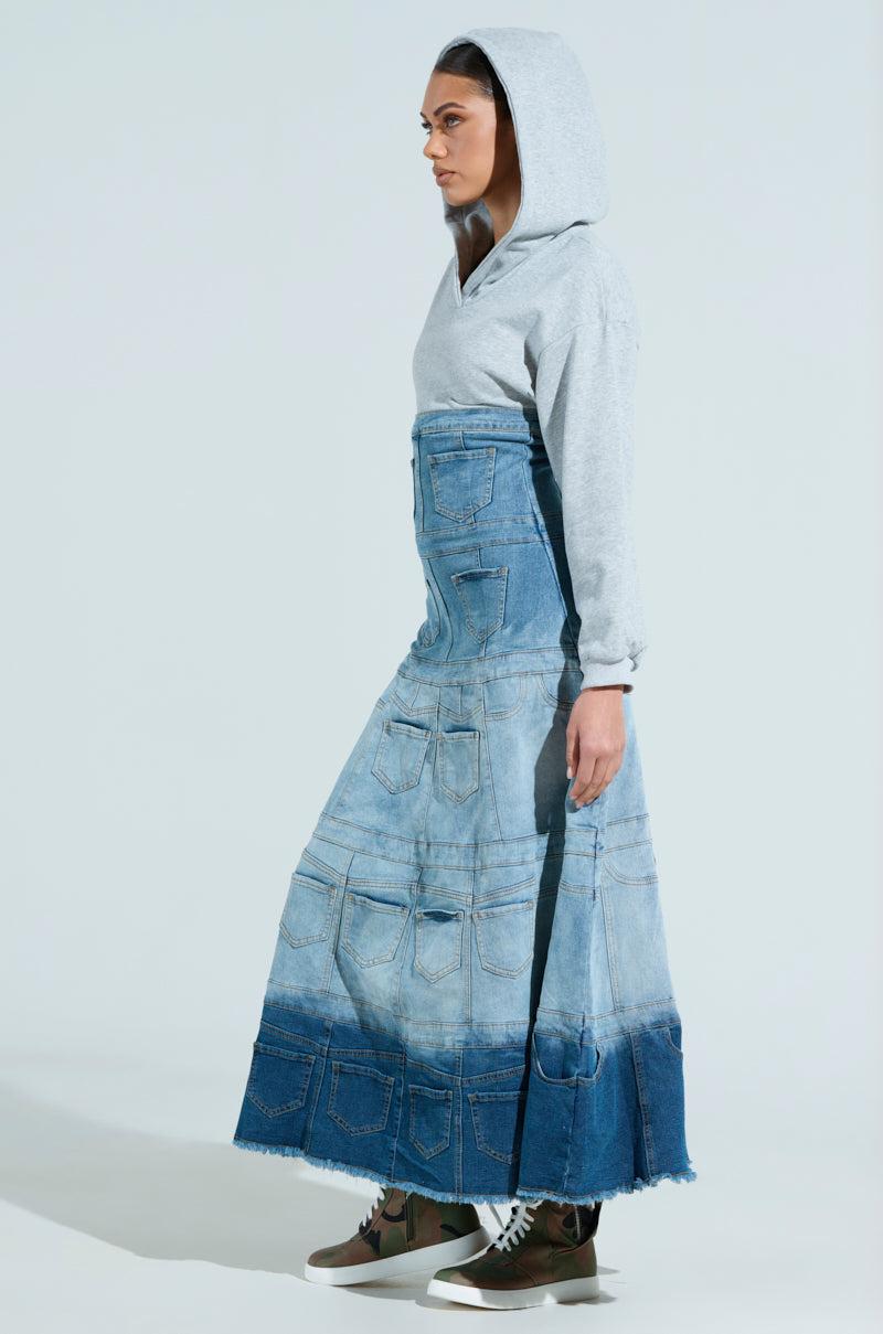 DENIM ON DENIM LAYERED MAXI DRESS WITH HOOD Product Image