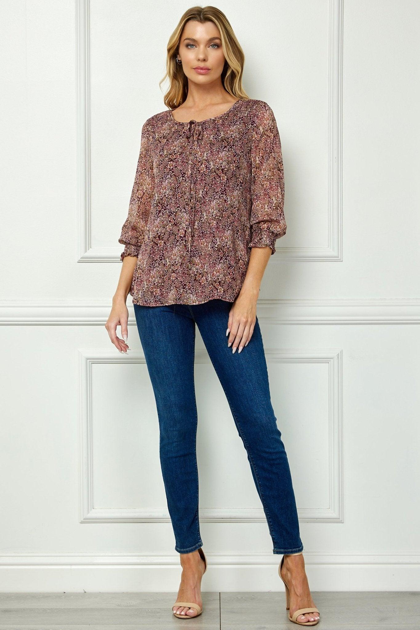 Burgundy Floral 3/4 Sleeve Blouse Product Image