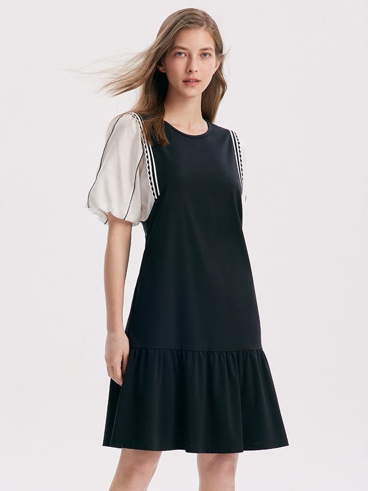 A-Shape Patchwork Puff Sleeve Mini Dress Product Image