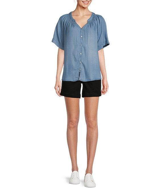 Westbound Woven Chambray Short Sleeve Y-Neck Button Front Top Product Image