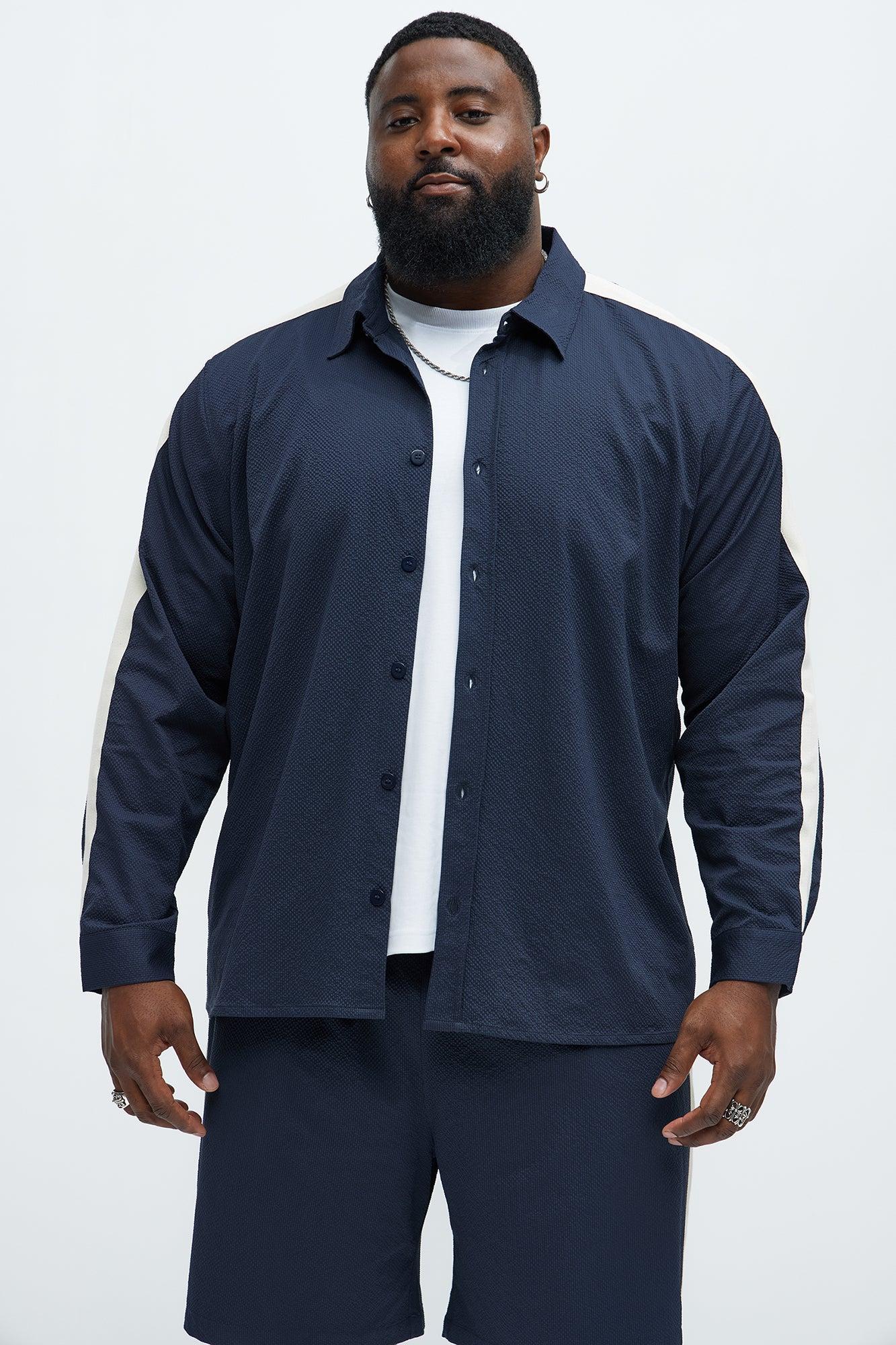 Crinkle Texture Taped Button Up - Navy Product Image