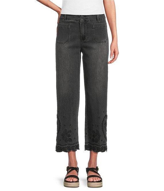 Tru Luxe Jeans Embroidered Scallop Hem Wide Leg Crop Jeans Product Image