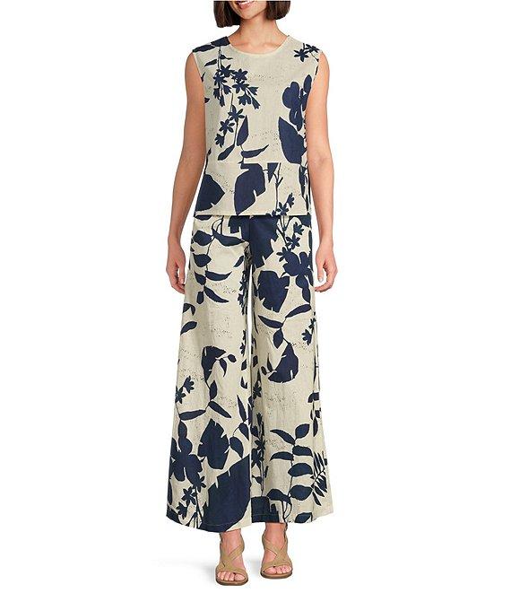 Bryn Walker Foglie Print Flat Front Linen Blend Elastic Waist Wide Full Leg Coordinating Pants Product Image