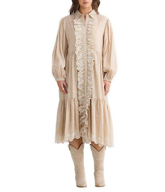 Talisman Garden Party Embroidered Eyelet Shirt Collar Long Sleeve Blouson Midi Dress Product Image