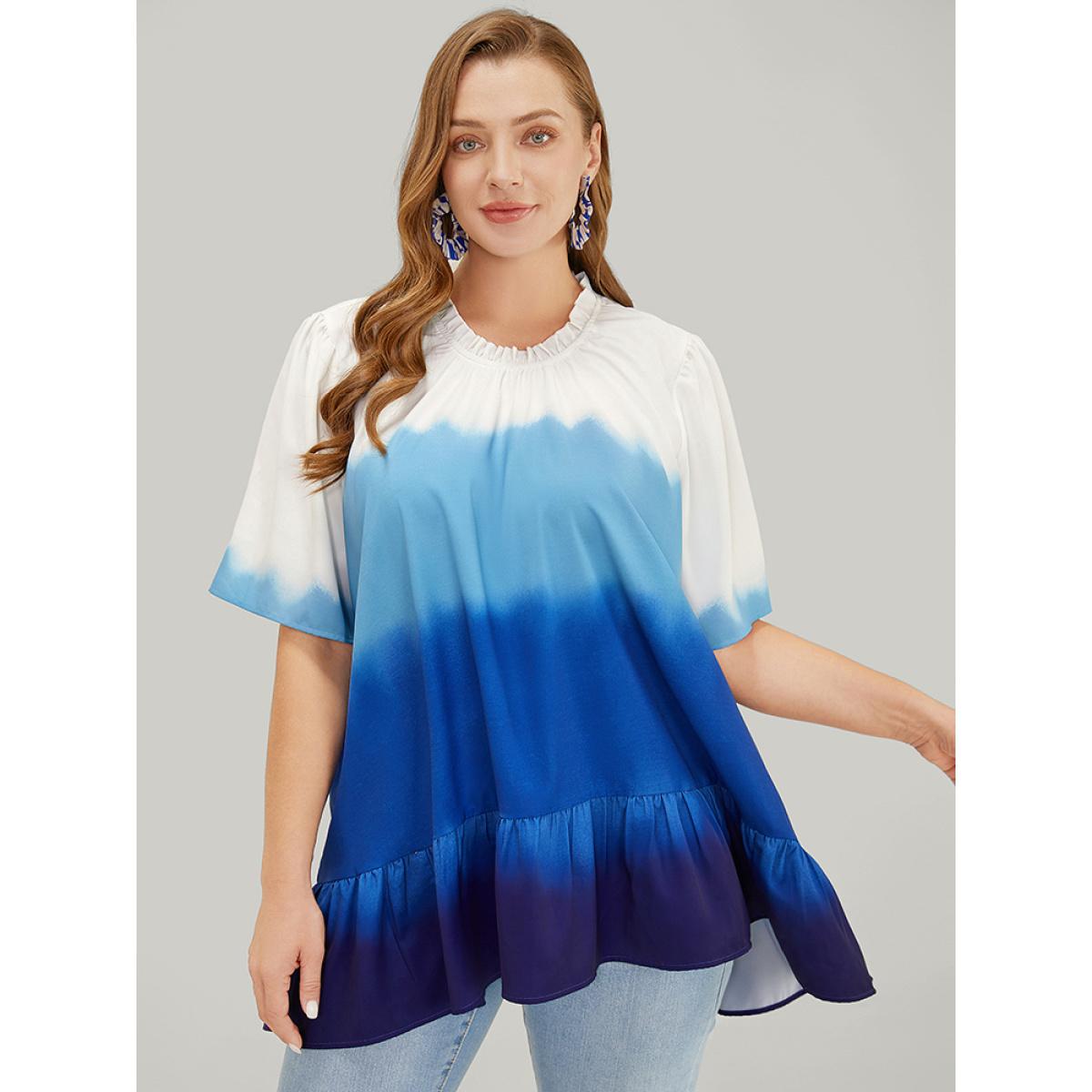 Plus Size Cerulean Tie Dye Frill Trim Mock Neck Ruffle Asymmetrical Hem Blouse Women Vacation Half Sleeve Mock Neck Dailywear Blouses BloomChic 22-24/3X Product Image