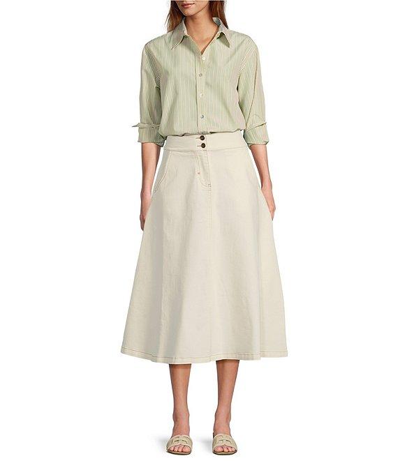 A Loves A Stretch Denim High Rise A-Line Volume Flounce Midi Skirt Product Image