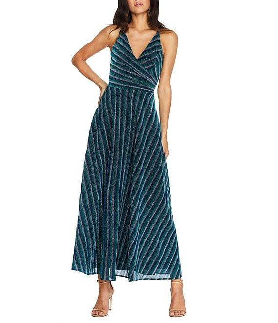 Dress the Population Lena Stripe Print Plunge V-Neck Sleeveless Wrap Bodice A-Line Maxi Dress Product Image