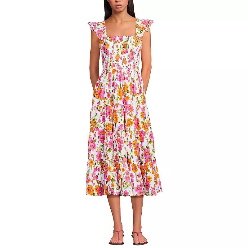 Women's Lands' End Cotton Dobby Smocked Ruffle Shoulder Midi Dress,  Product Image