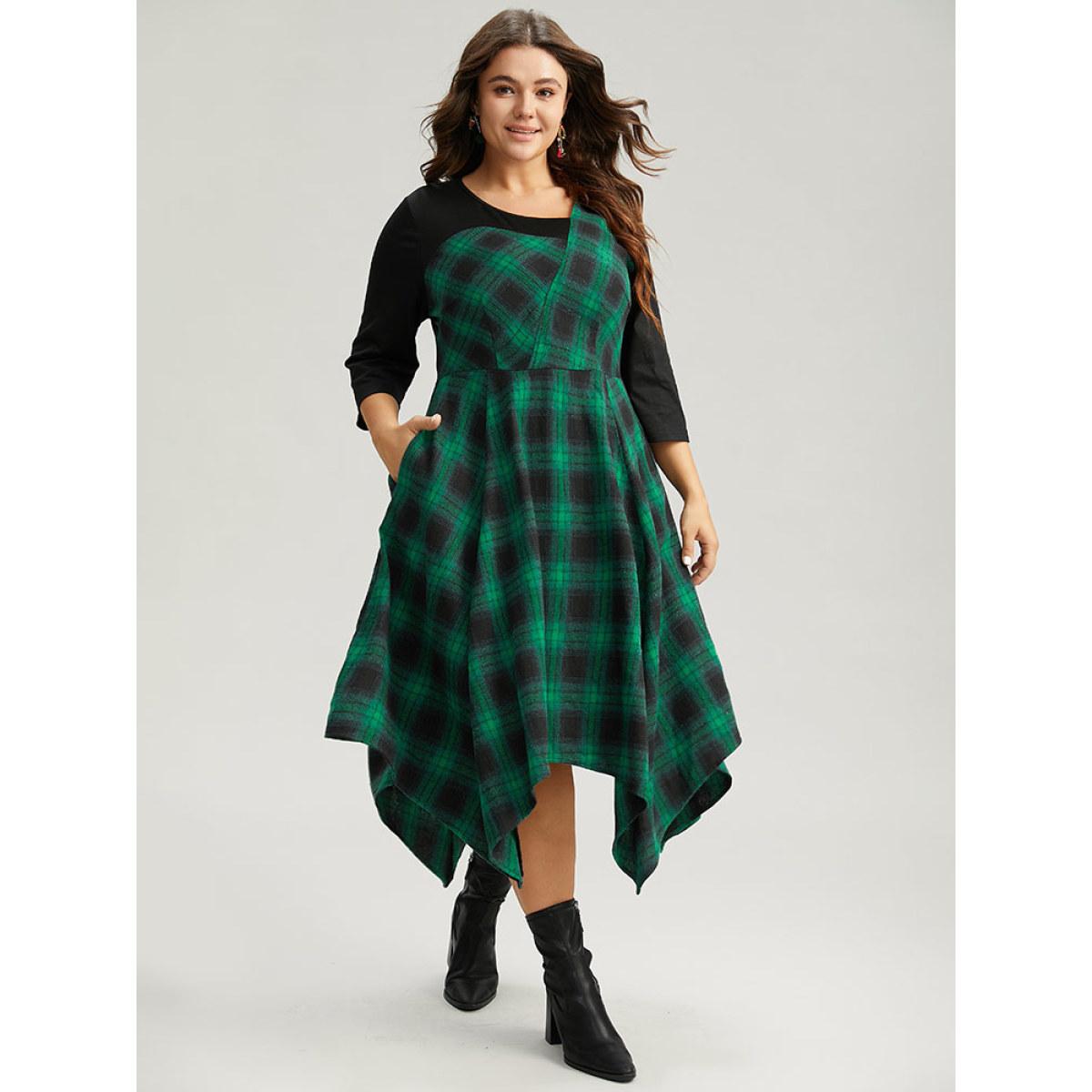 Plus Size Christmas Plaid Asymmetrical Patchwork Hanky Hem Dress DarkGreen Women Casual Patchwork Asymmetrical Neck Elbow-length sleeve Curvy Midi Dress BloomChic 10/M Product Image