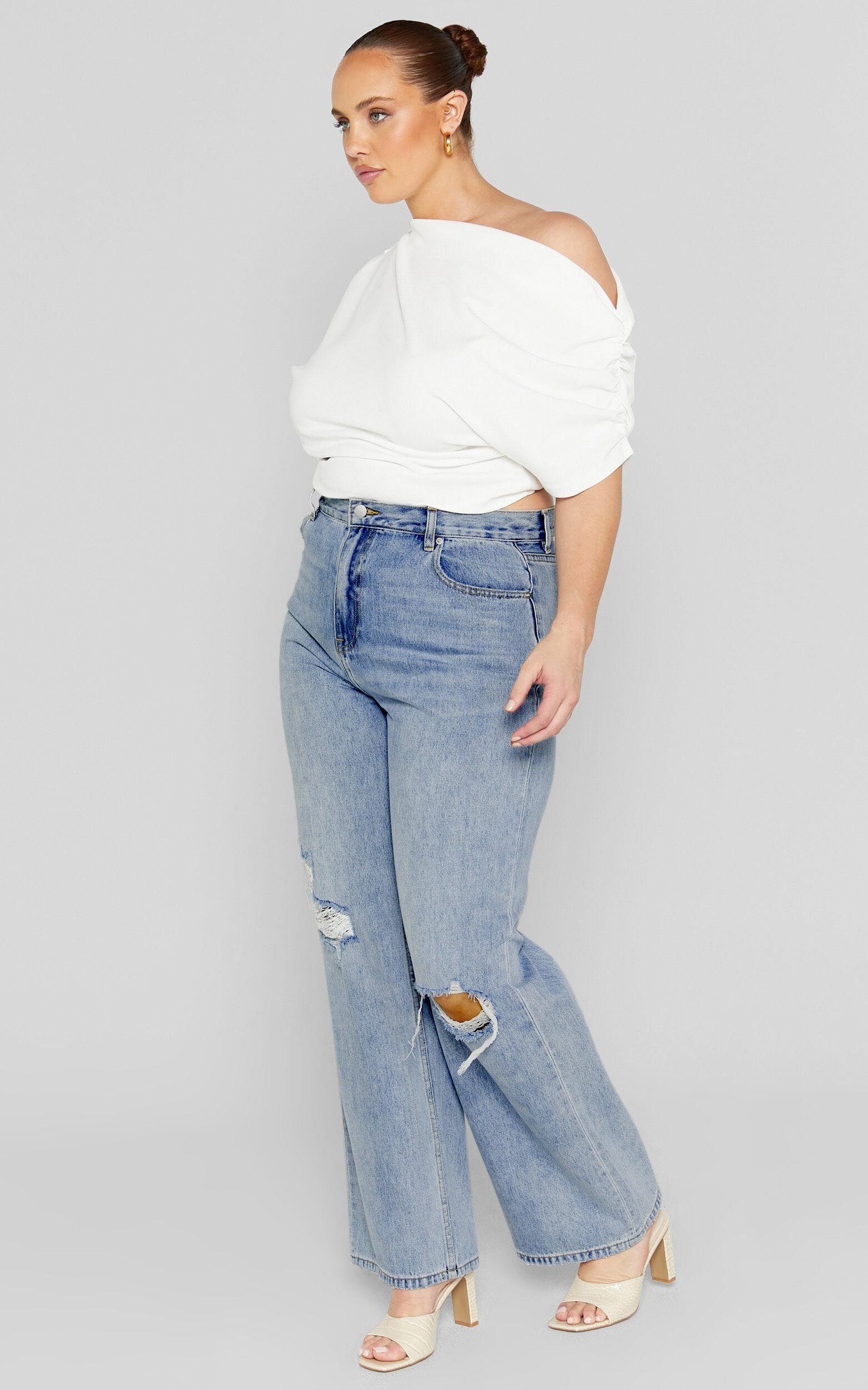 Miho Jeans - High Waisted Recycled Cotton Distressed Straight Leg Denim Jeans in Mid Blue Wash Product Image