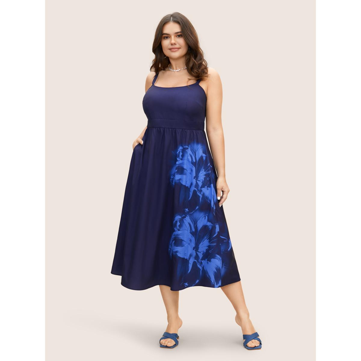 Plus Size Pink Lilies Print Gathered Cami Midi Dress DarkBlue Women Elegant Gathered Non Sleeveless Curvy BloomChic 14-16/1X Product Image
