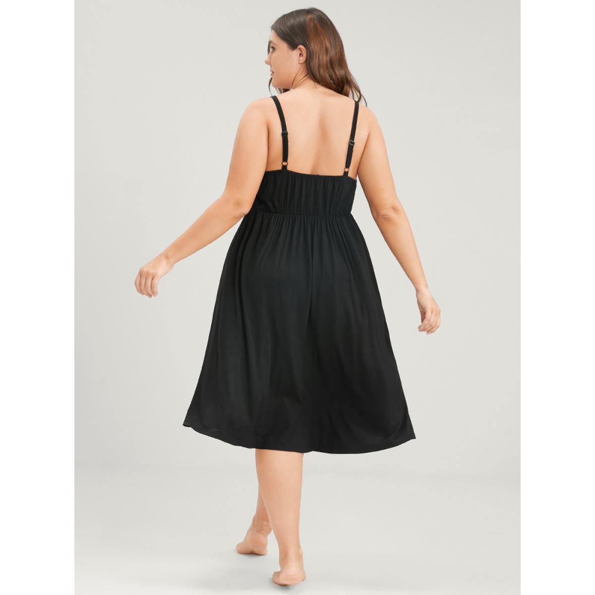 Plus Size Solid Lace Trim Backless Spaghetti Strap Dress Women Black Elegant Plain Lace V-neck Loungewear BloomChic 10/M Product Image