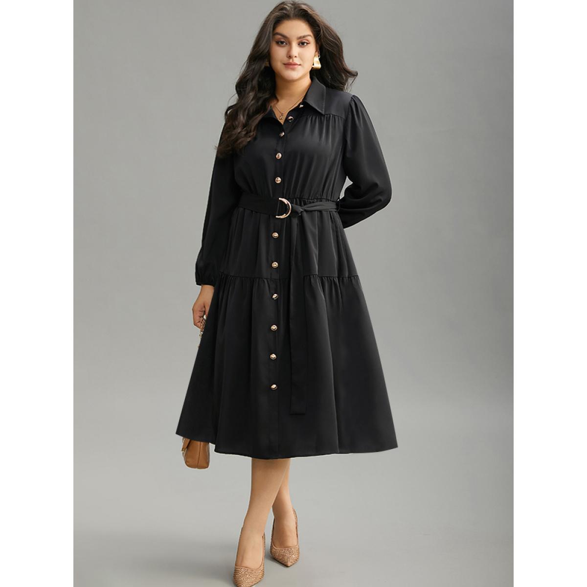 Plus Size Anti-Wrinkle Shirt Collar Belted Metal Detail Dress Black Women Office Plain Shirt collar Long Sleeve Curvy Midi Dress BloomChic 12/L Product Image
