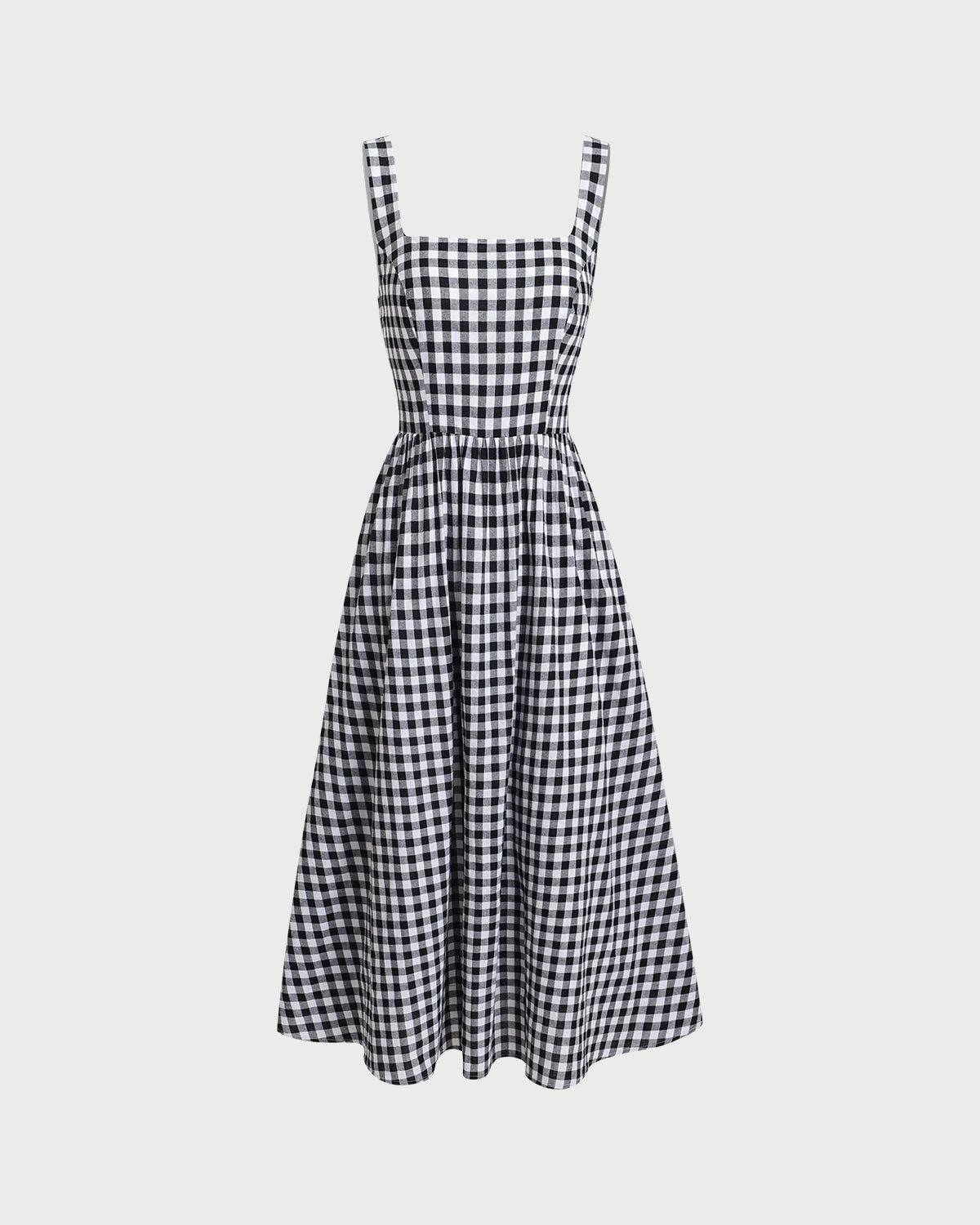 Black Plaid Square Neck Pocket Slip Maxi Dress Product Image