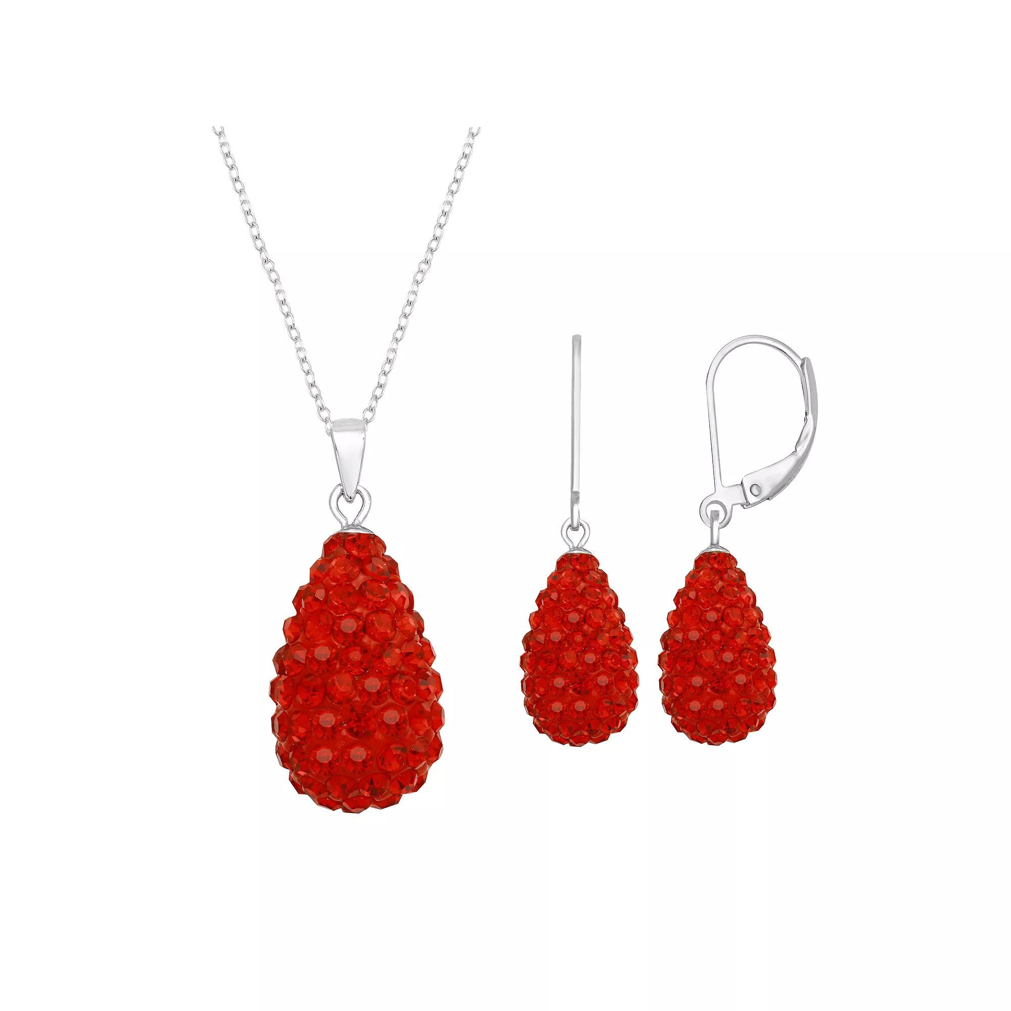 Silver Tone Briolette Drop Earring & Necklace Set, Women's, Size: 18", Red Product Image