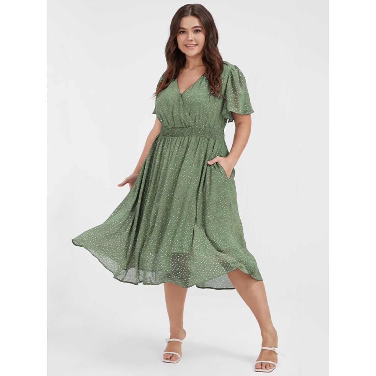 Polka Dot Button Pocket Shirred Ruffles Wrap Dress Product Image