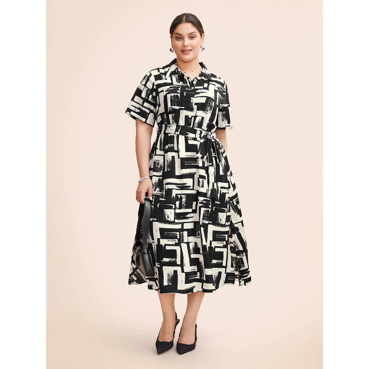 Plus Size Shirt Collar Colorblock Contrast Midi Dress Black Women At the Office Belted Shirt collar Short sleeve Curvy BloomChic 22-24/3X Product Image