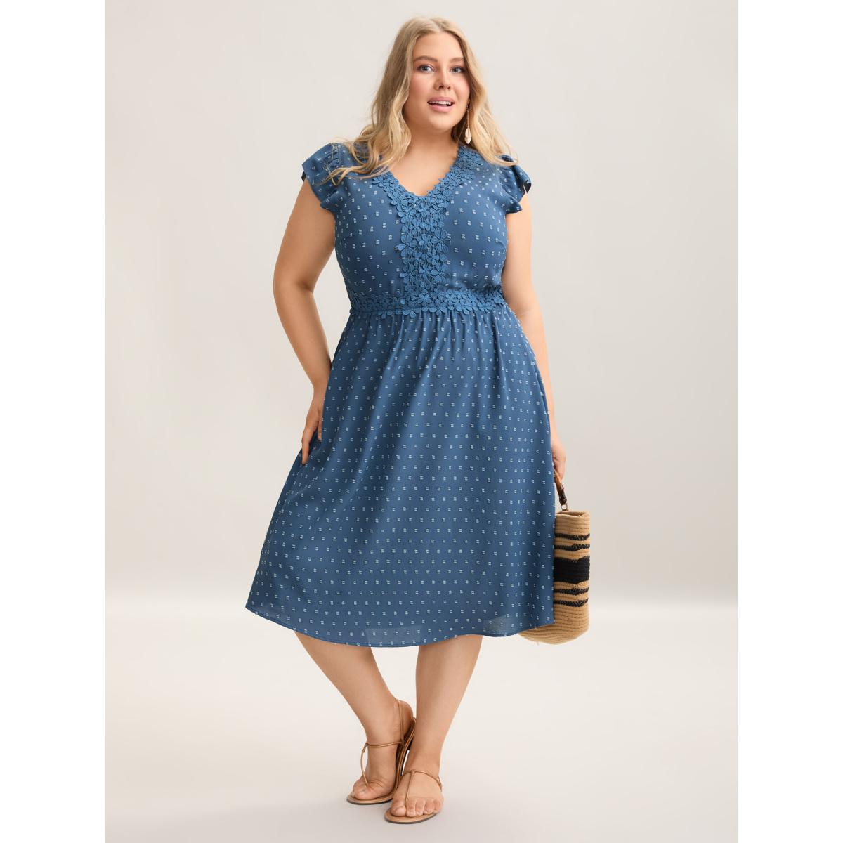 Plus Size Lace Textured Spliced Pockets Midi Dress Mediumblue Women Office Woven ribbon&lace trim V-neck Cap Sleeve Curvy BloomChic 22-24/3X Product Image