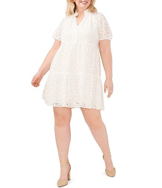 CeCe Plus Size Lace V-Neck Short Puff Sleeve Tiered Babydoll Mini Dress Product Image