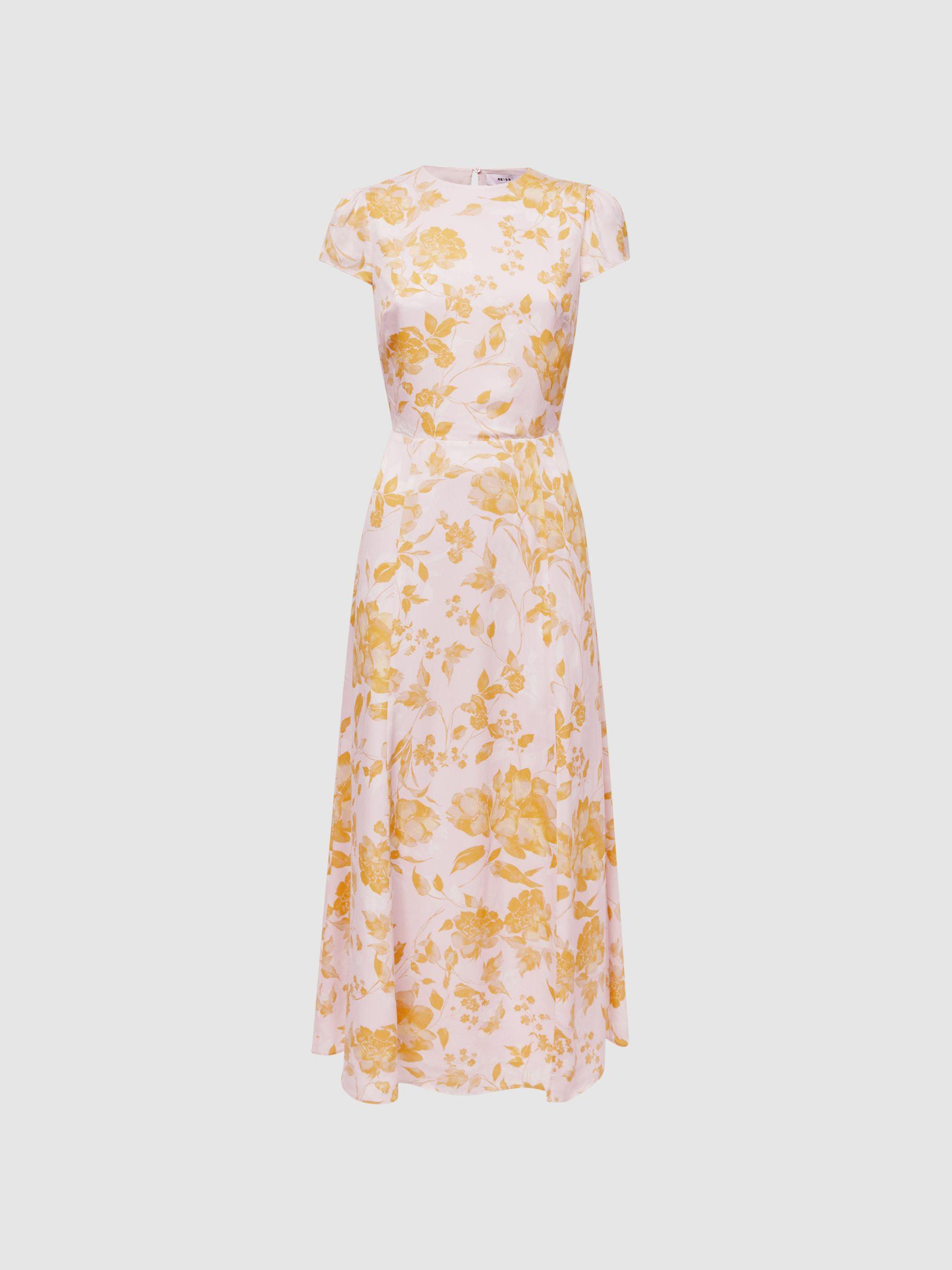 Floral Cut-Out Back Midi Dress in Pink/Yellow Product Image