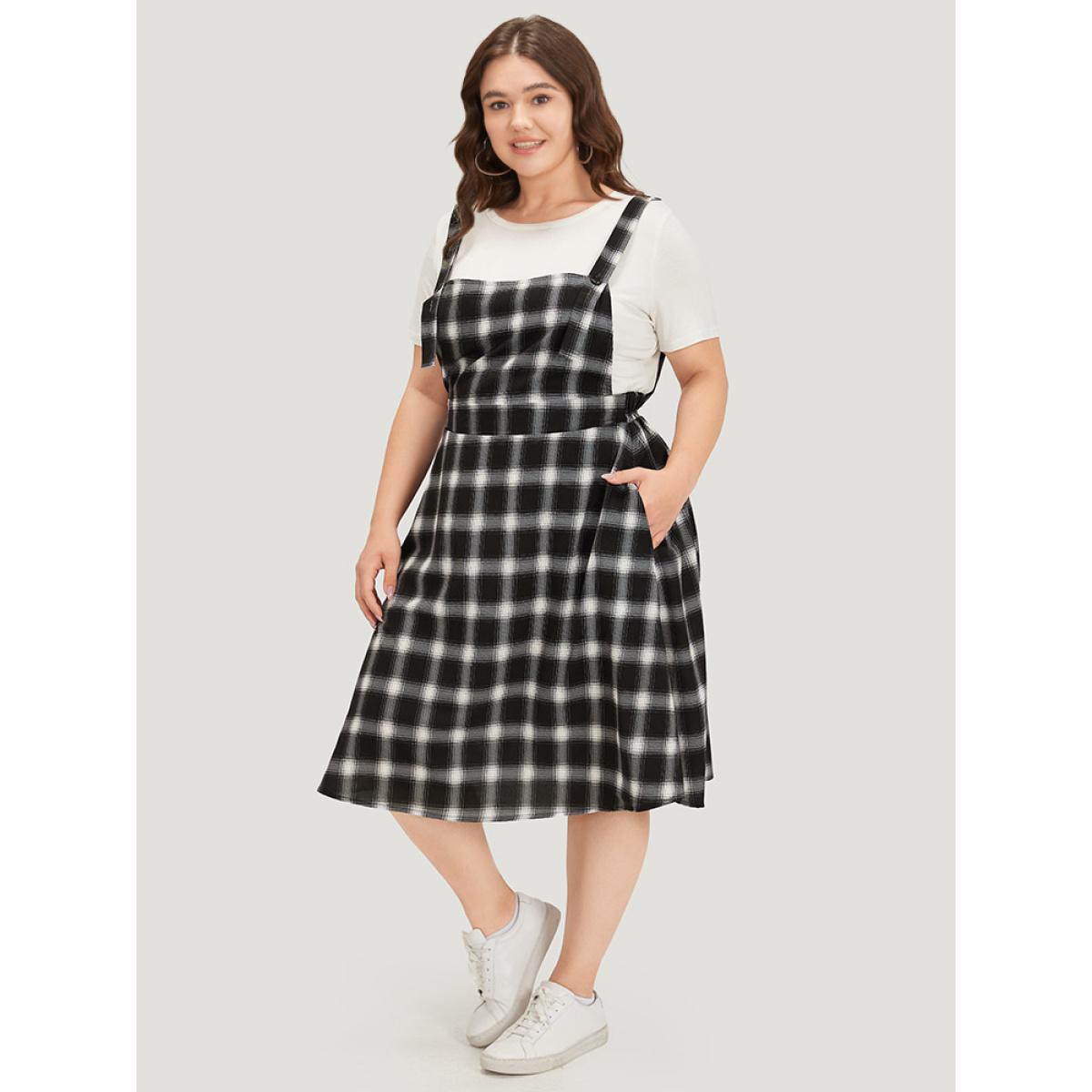 Plus Size Plaid Pocket Elastic Waist Overall Cami Dress Black Women Casual Adjustable Straps Spaghetti Strap Sleeveless Curvy Knee Dress BloomChic 10/M Product Image