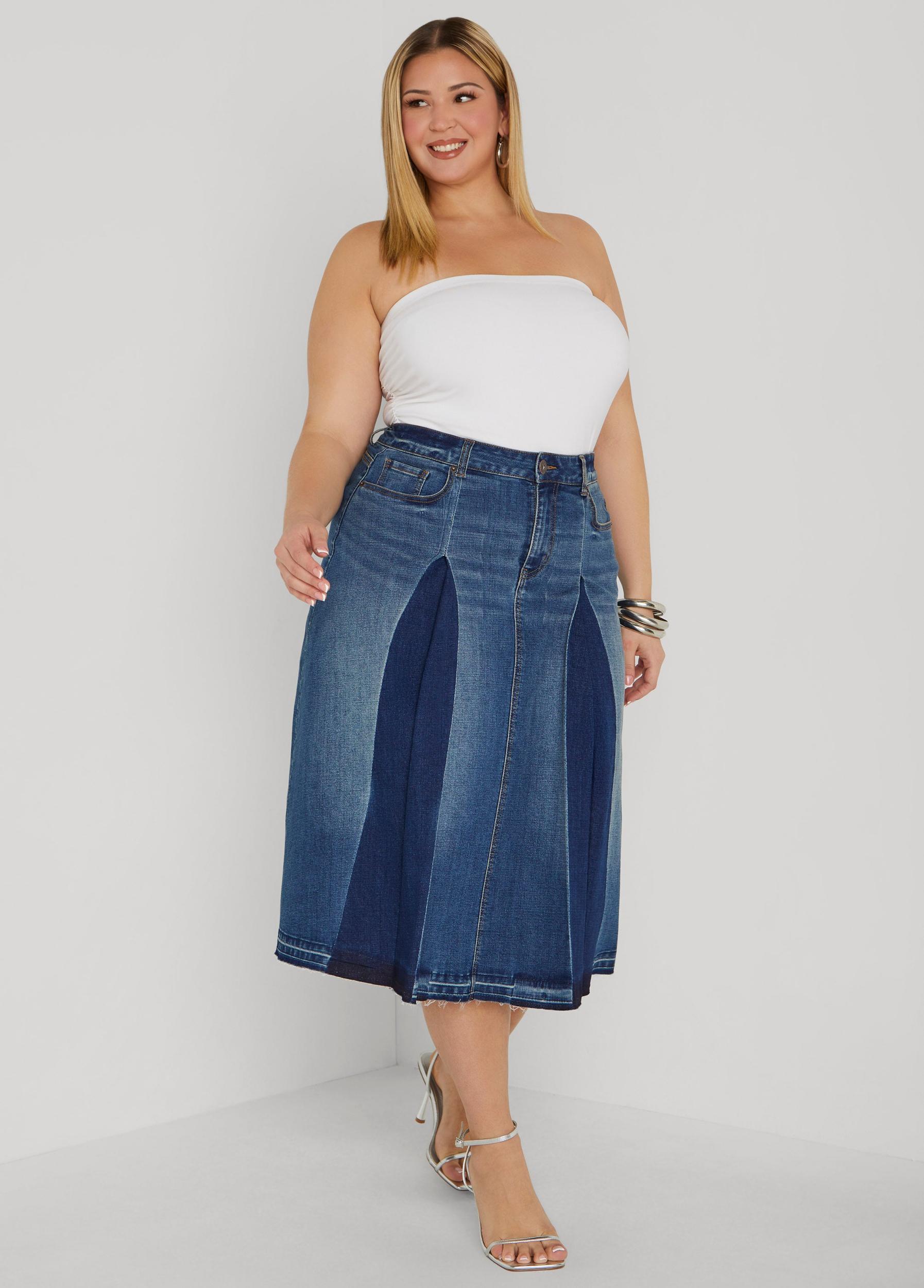Plus Size Frayed Pleated Denim Midi Skirt Ashley Stewart Product Image