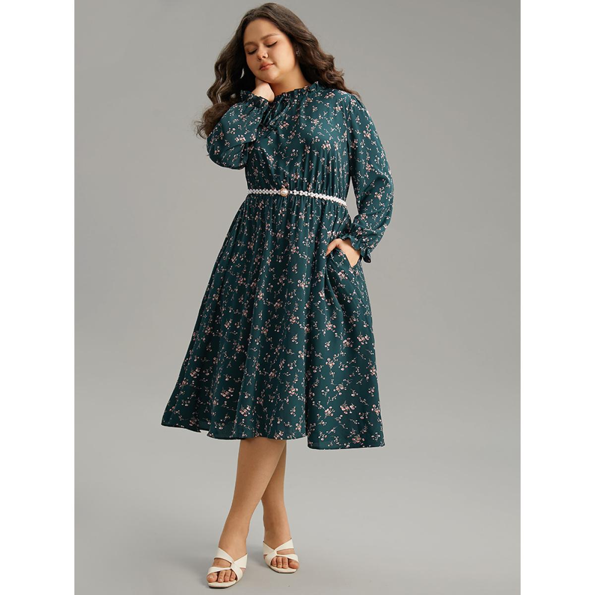Plus Size Ditsy Floral Pocket Mock Neck Dress DarkGreen Women Elegant Cross straps Mock Neck Long Sleeve Curvy Midi Dress BloomChic 10/M Product Image